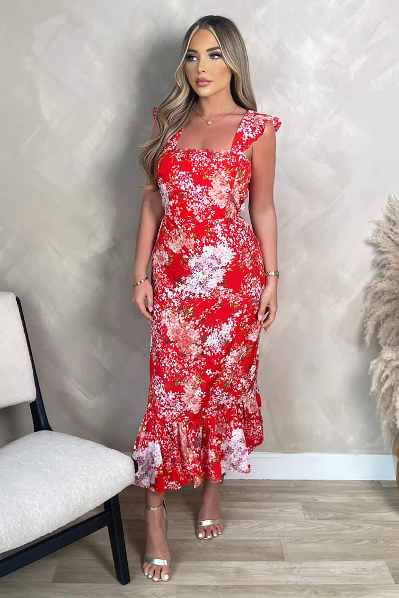 Ax Paris Red Floral Printed Frill Strap Midi Dress