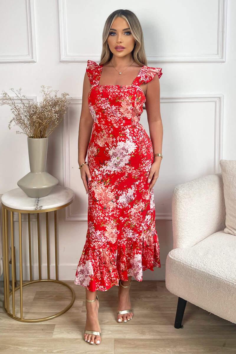 Ax Paris Red Floral Printed Frill Strap Midi Dress