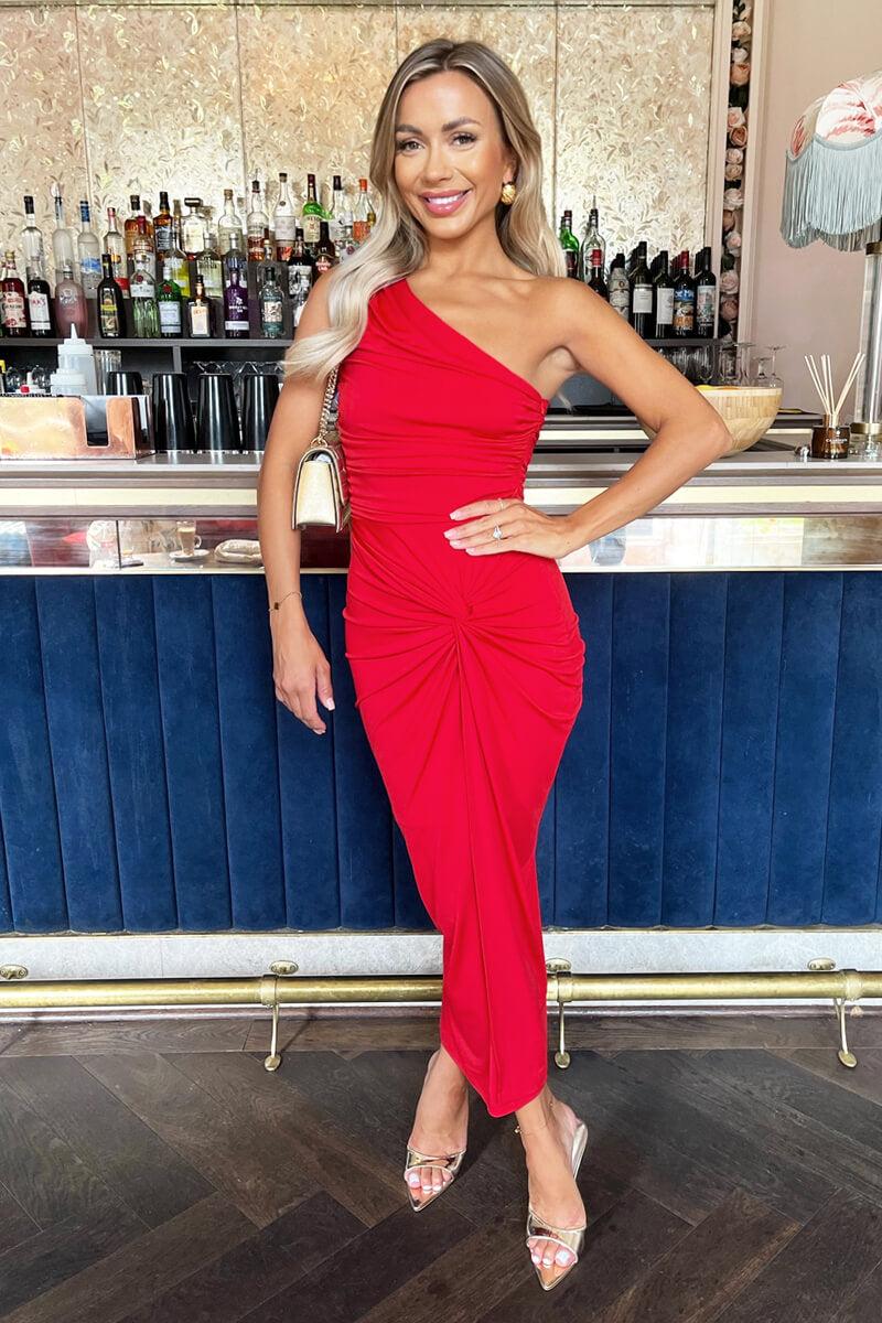Ax Paris Red One Shoulder Knot Skirt Midi Dress