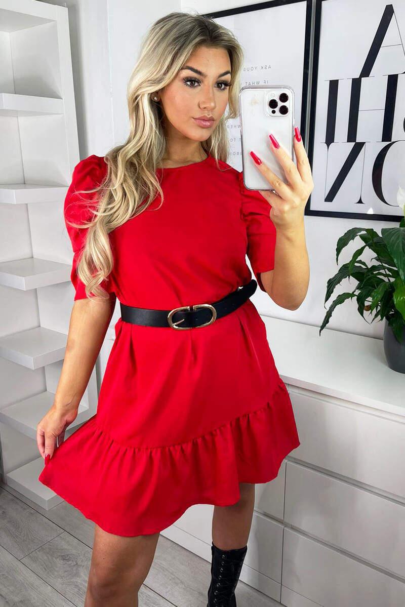 ax paris Red Ruffle Sleeve Shift Dress