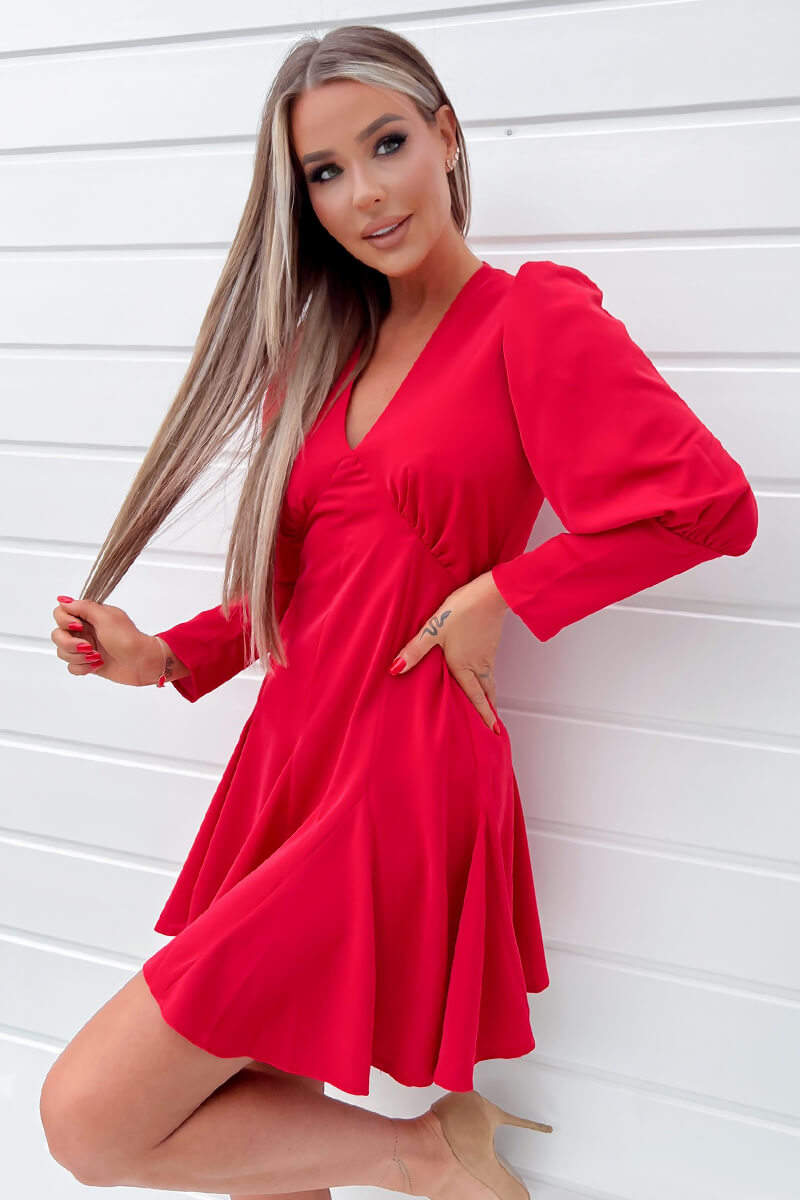 Ax Paris Red V-Neck Long Sleeve Skater Dress