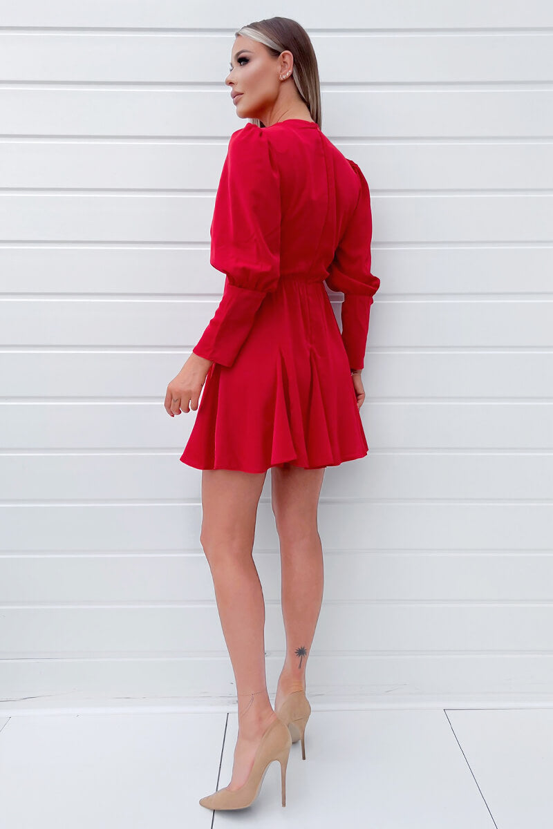 Ax Paris Red V-Neck Long Sleeve Skater Dress