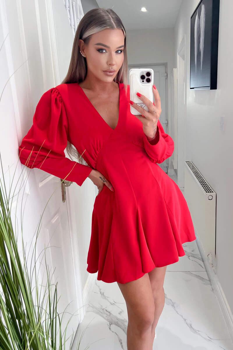 ax paris Red V-Neck Long Sleeve Skater Dress