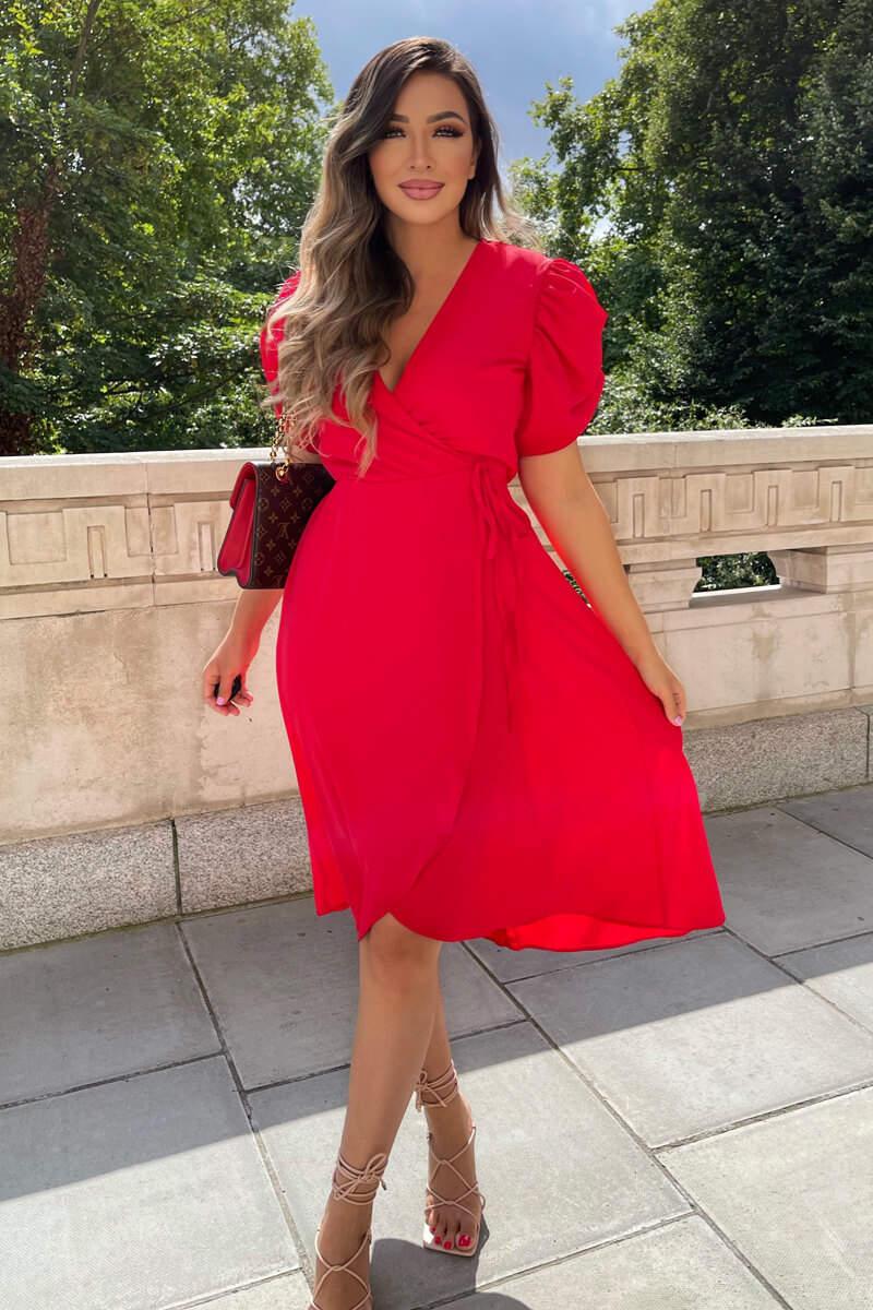 Ax Paris Red Wrap Over Tie Midi Dress