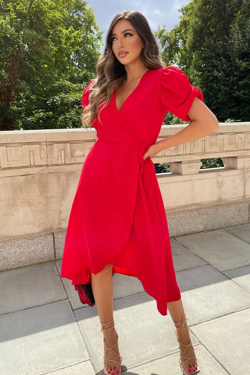 Ax Paris Red Wrap Over Tie Midi Dress