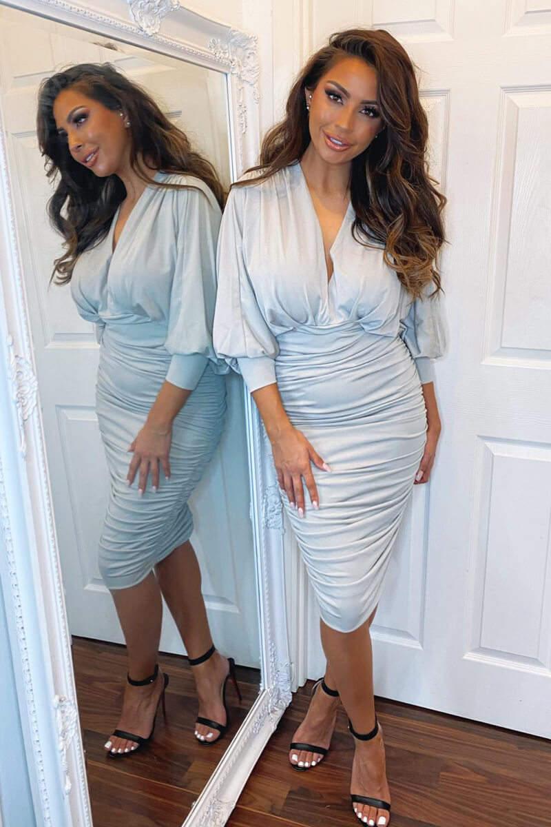 Ax Paris Silver Ruched Bat Wing Sleeve Midi Dress