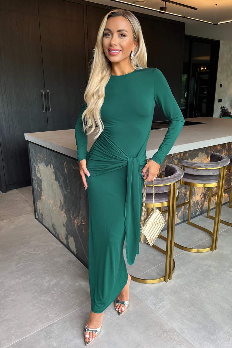 Ax Paris Teal Long Sleeve Sash Bodycon Midi Dress