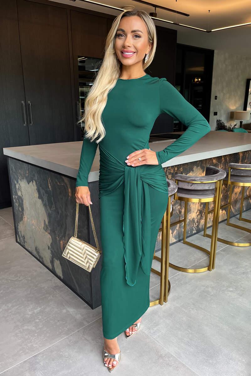 ax paris Teal Long Sleeve Sash Bodycon Midi Dress