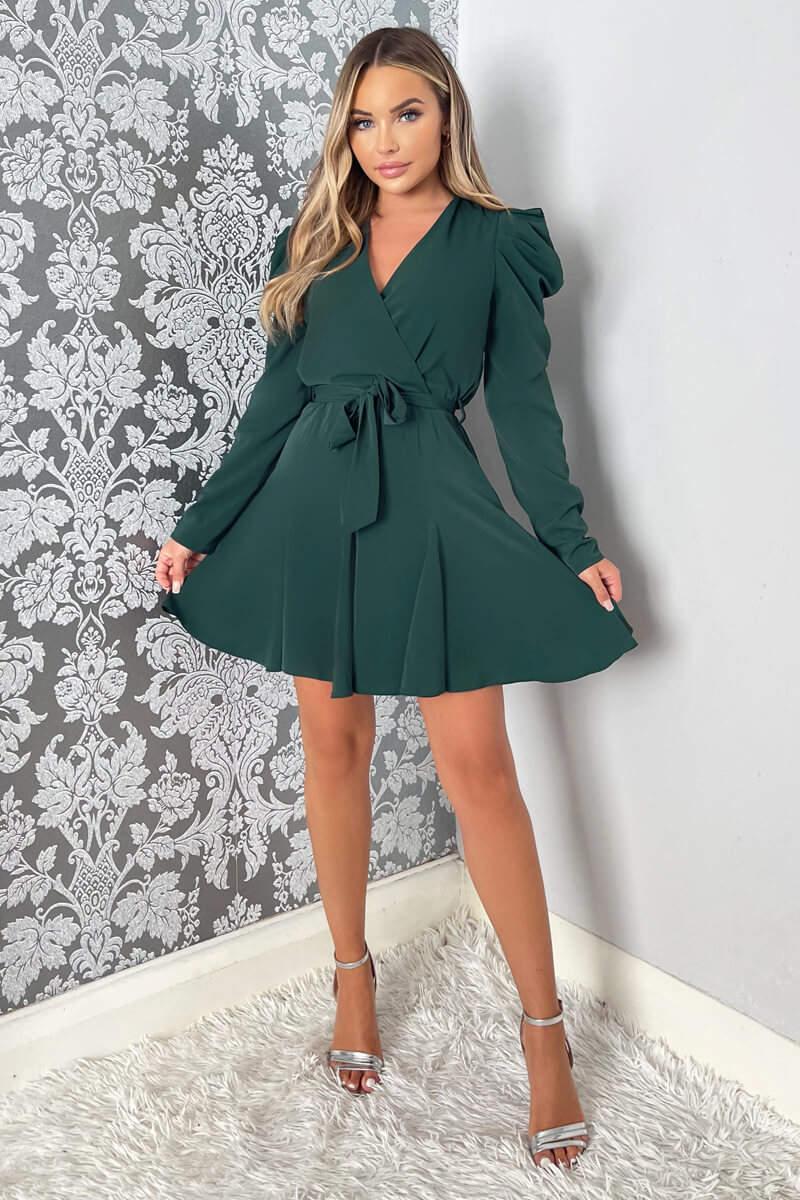 Ax Paris Teal Long Sleeve Tie Waist Skater Dress