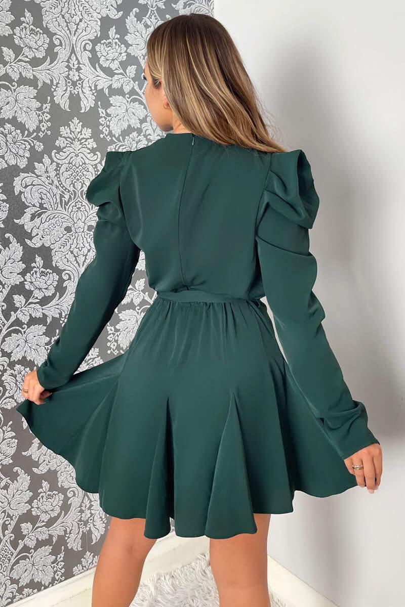 Ax Paris Teal Long Sleeve Tie Waist Skater Dress