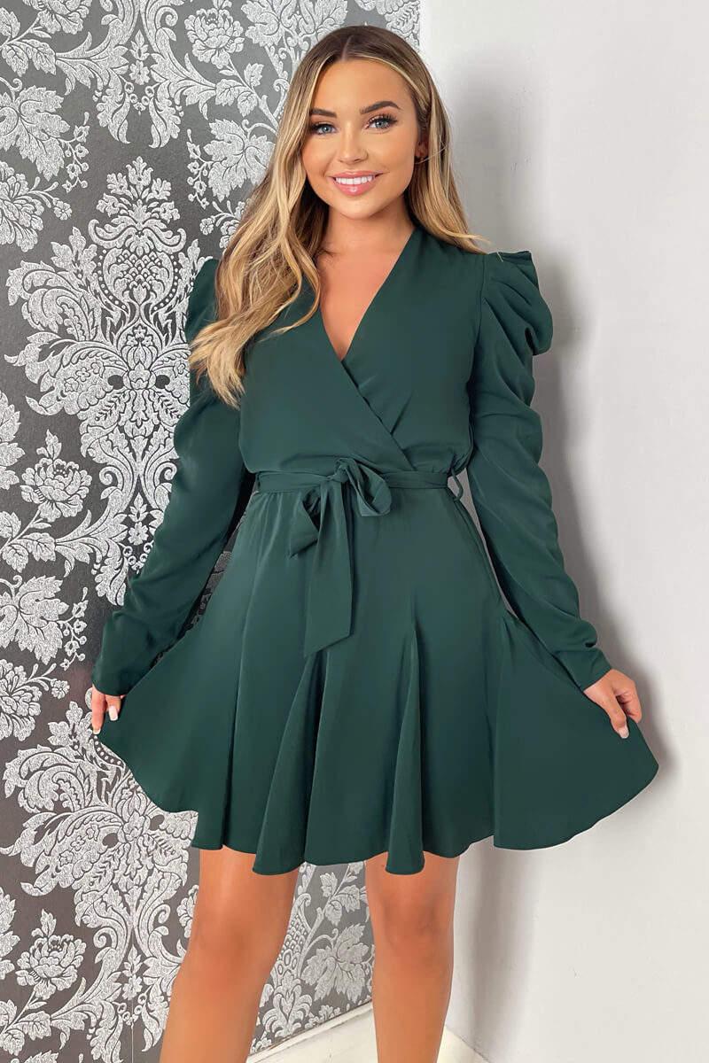 ax paris Teal Long Sleeve Tie Waist Skater Dress