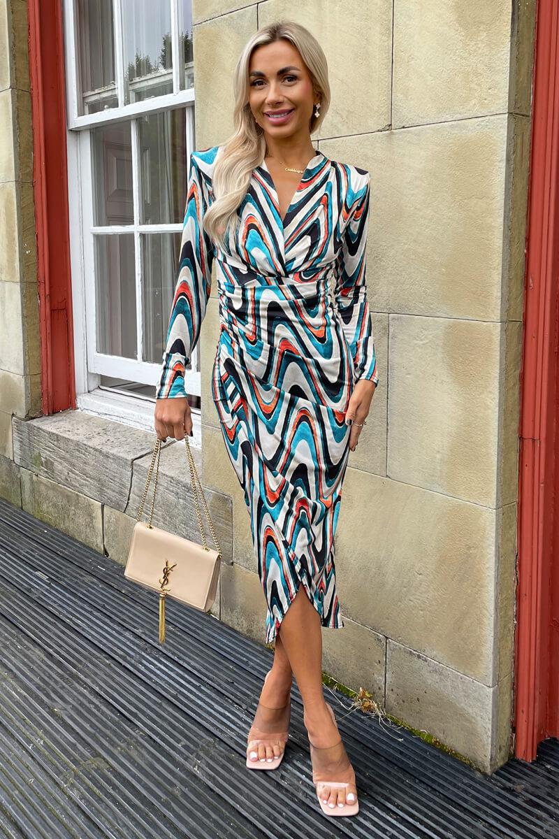 Ax Paris Teal Printed Long Sleeve Wrap Midi Dress