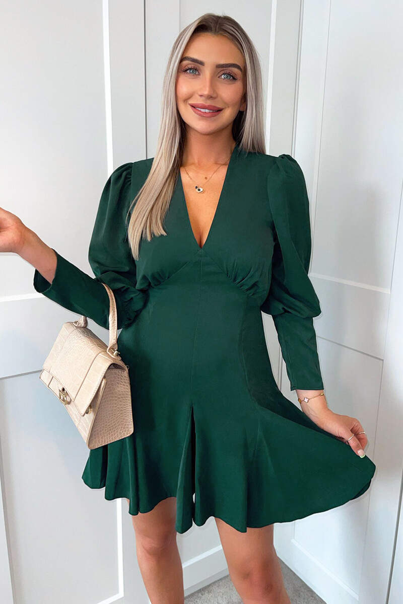 Ax Paris Teal V-Neck Long Sleeve Skater Dress