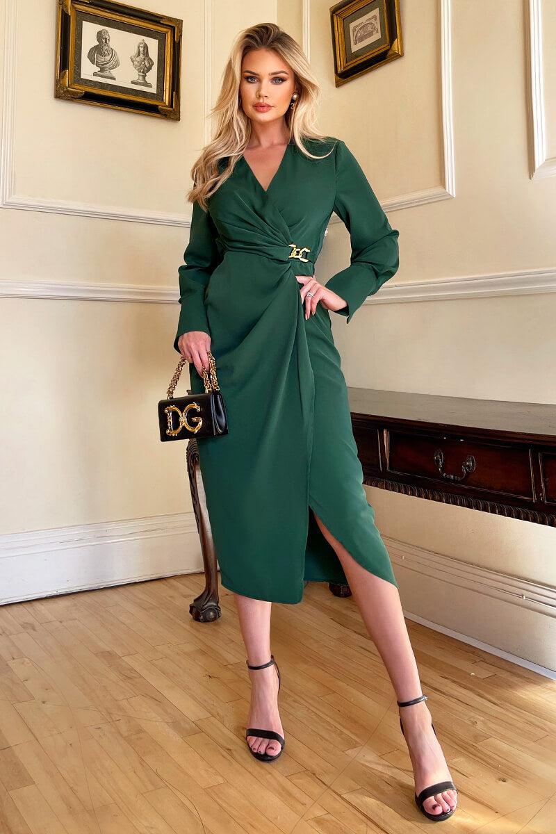 Ax Paris Teal Wrap Gold Buckle Midi Dress