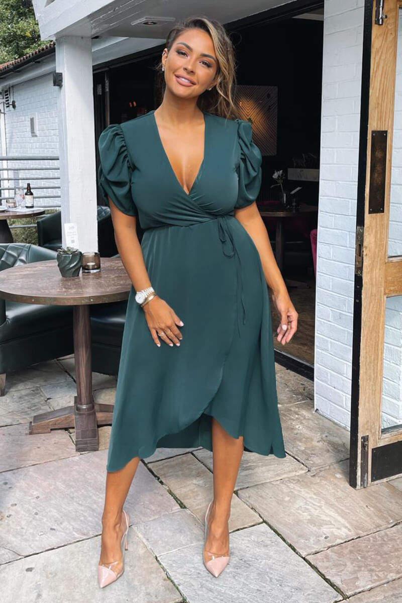 Ax Paris Teal Wrap Over Tie Midi Dress