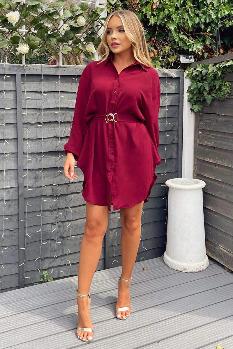 Ax Paris Wine Belted Long Sleeve Shirt Dress