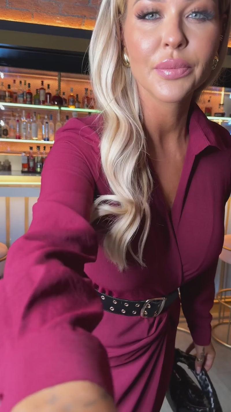 Ax Paris Wine Belted Wrap Midi Shirt Dress