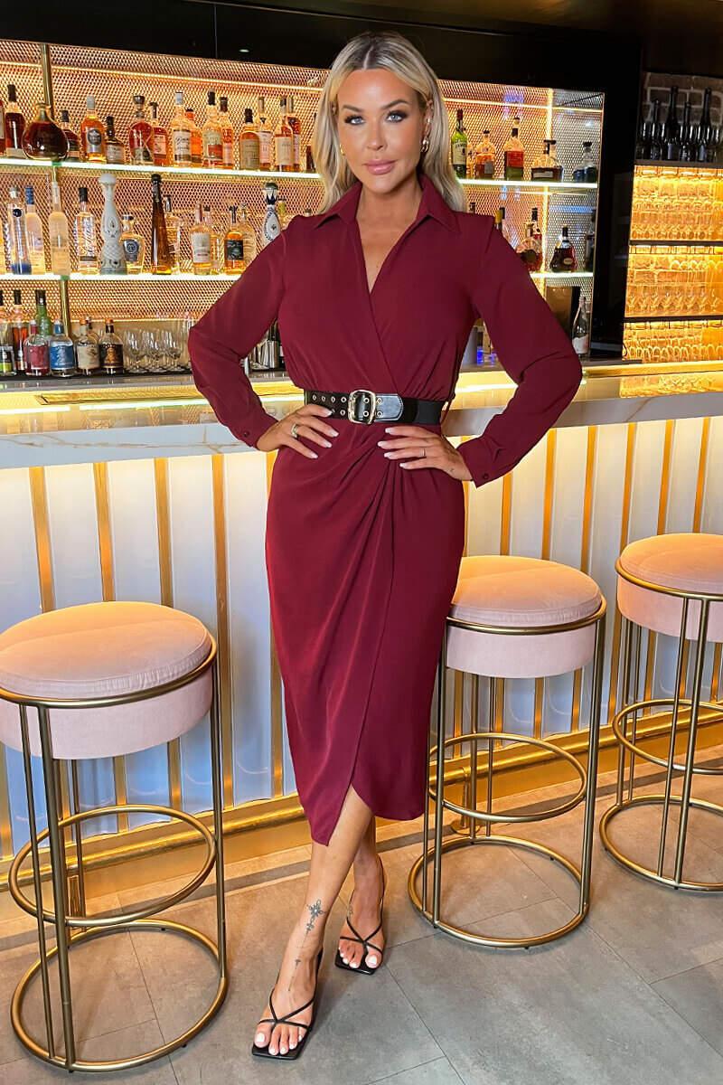 Ax Paris Wine Belted Wrap Midi Shirt Dress