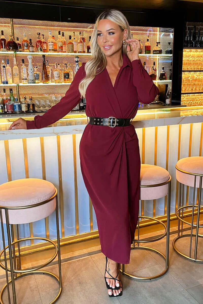 Ax Paris Wine Belted Wrap Midi Shirt Dress