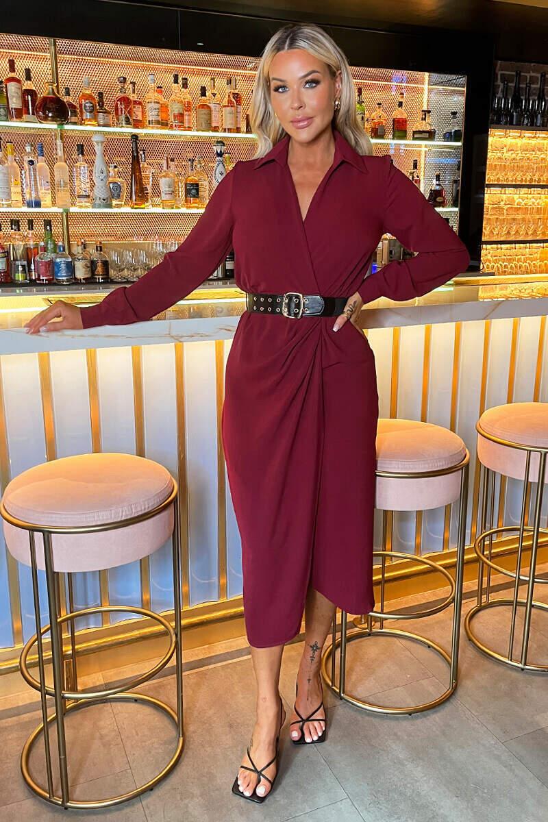 ax paris Wine Belted Wrap Midi Shirt Dress