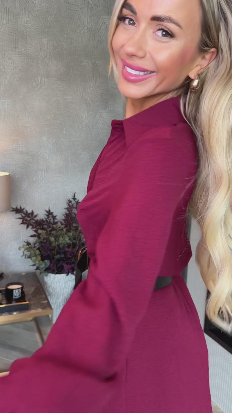 Ax Paris Wine Button Front Belted Shirt Mini Dress
