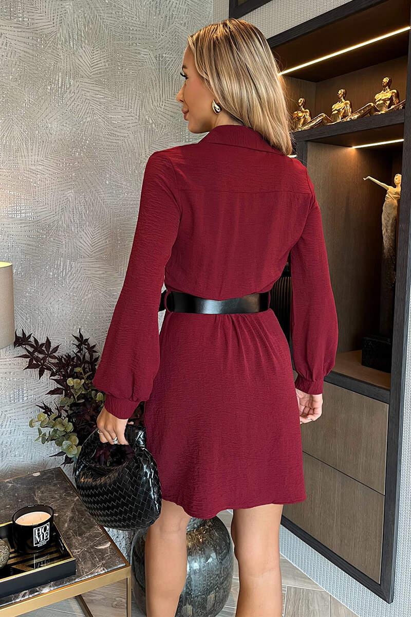 Ax Paris Wine Button Front Belted Shirt Mini Dress