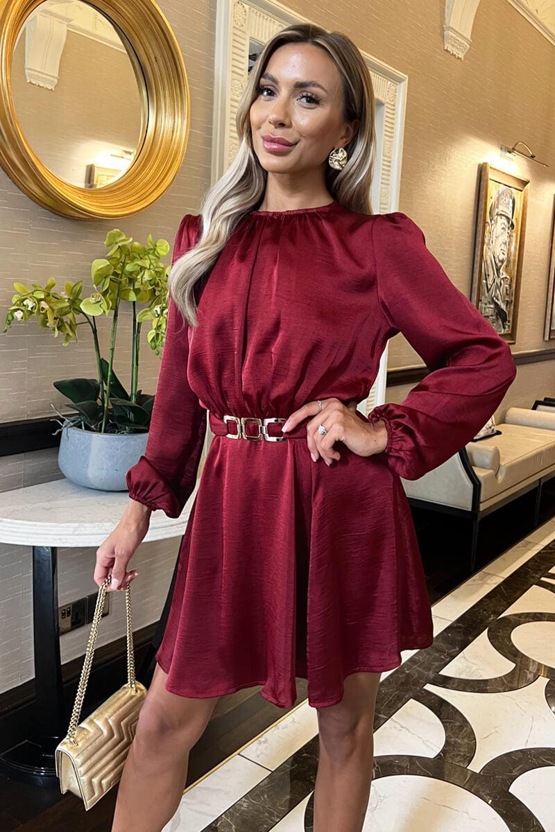 Ax Paris Wine Long Sleeve Belted Skater Mini Dress