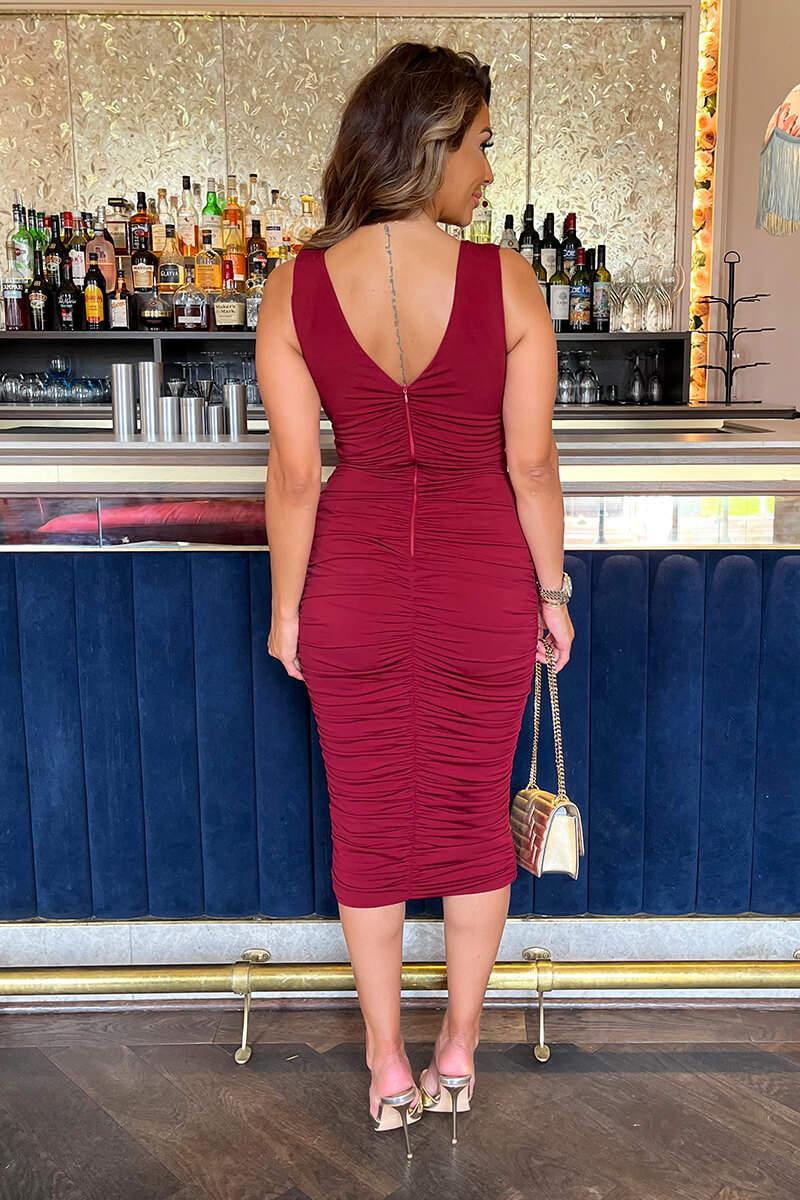 Ax Paris Wine V Neck Ruched Bodycon Midi Dress