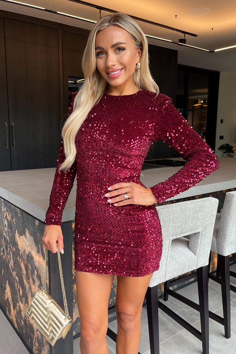 ax paris Wine Velvet Sequin Long Sleeve Mini Dress