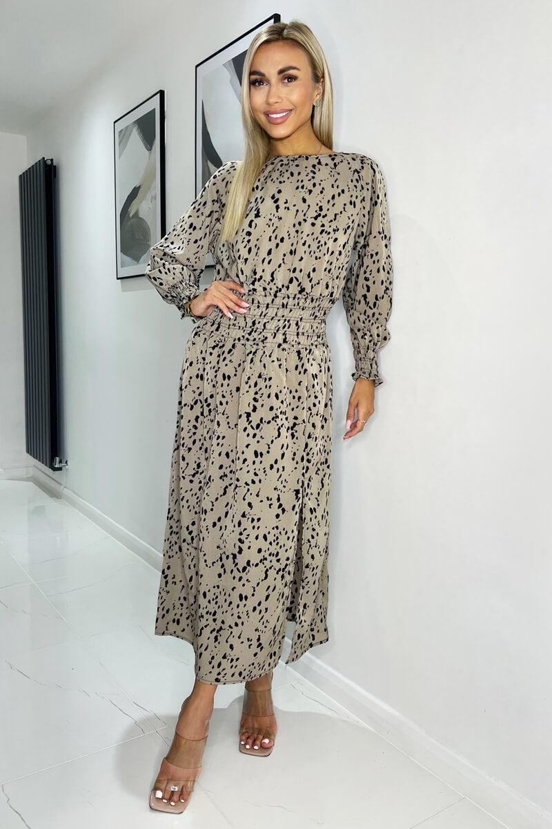 ax paris Beige Animal Print Long Sleeve Shirred Detail Midi Dress