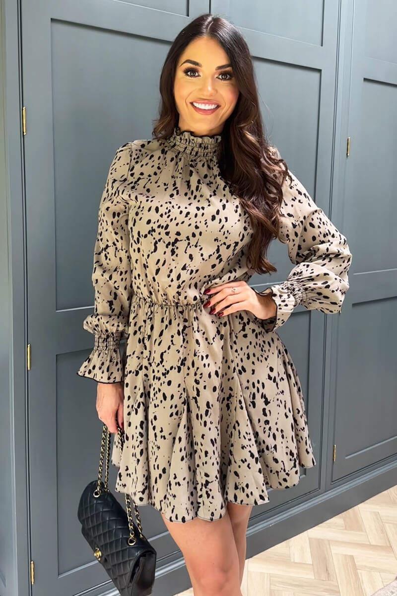 Ax Paris Beige Animal Print Long Sleeve Shirred Detail Skater Dress