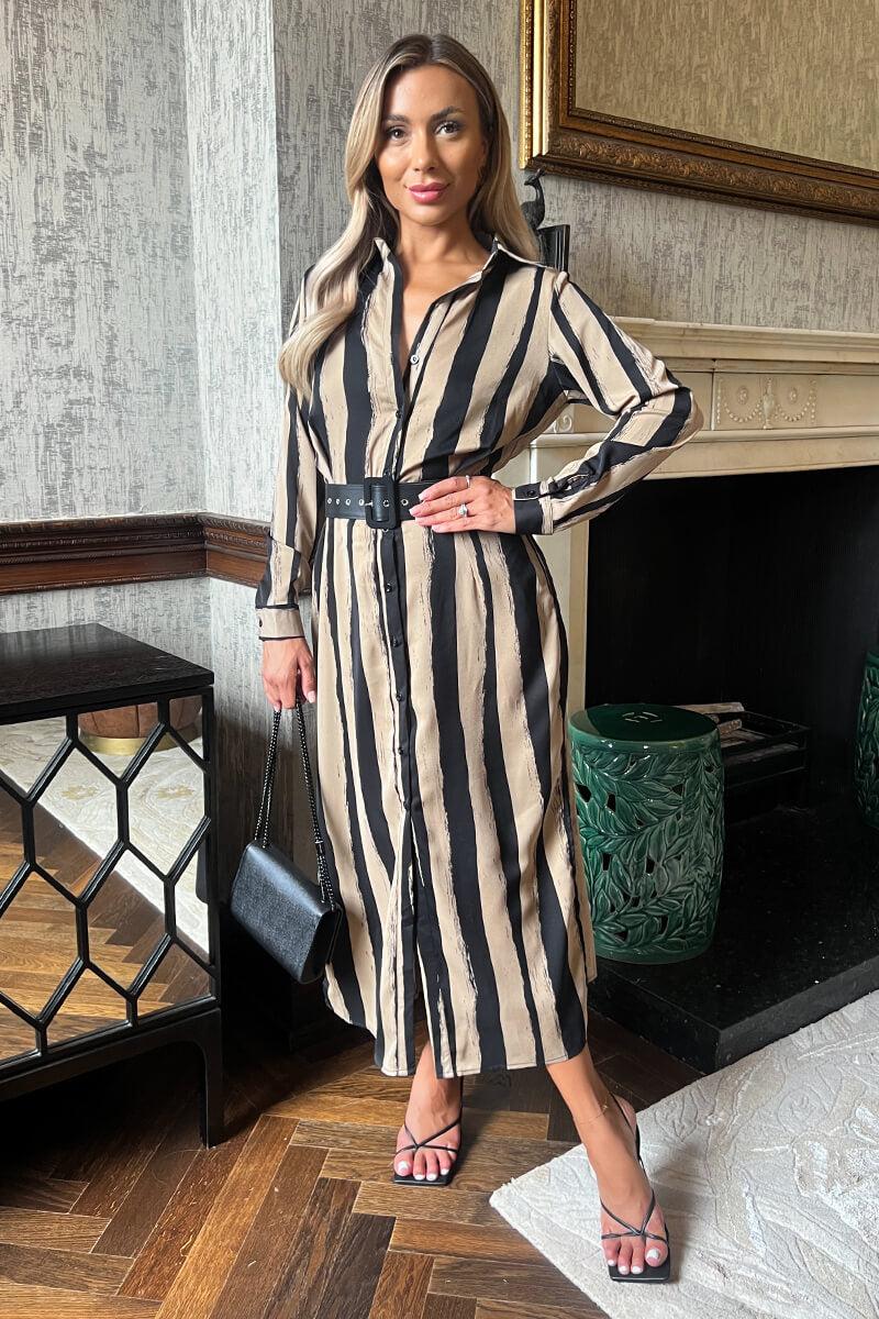 Ax Paris Beige Striped Print Button Front Belted Shirt Midi Dress