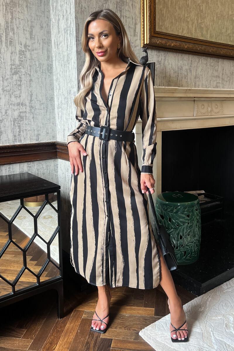 Ax Paris Beige Striped Print Button Front Belted Shirt Midi Dress