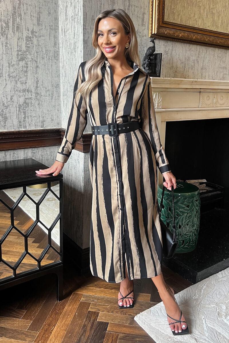ax paris Beige Striped Print Button Front Belted Shirt Midi Dress