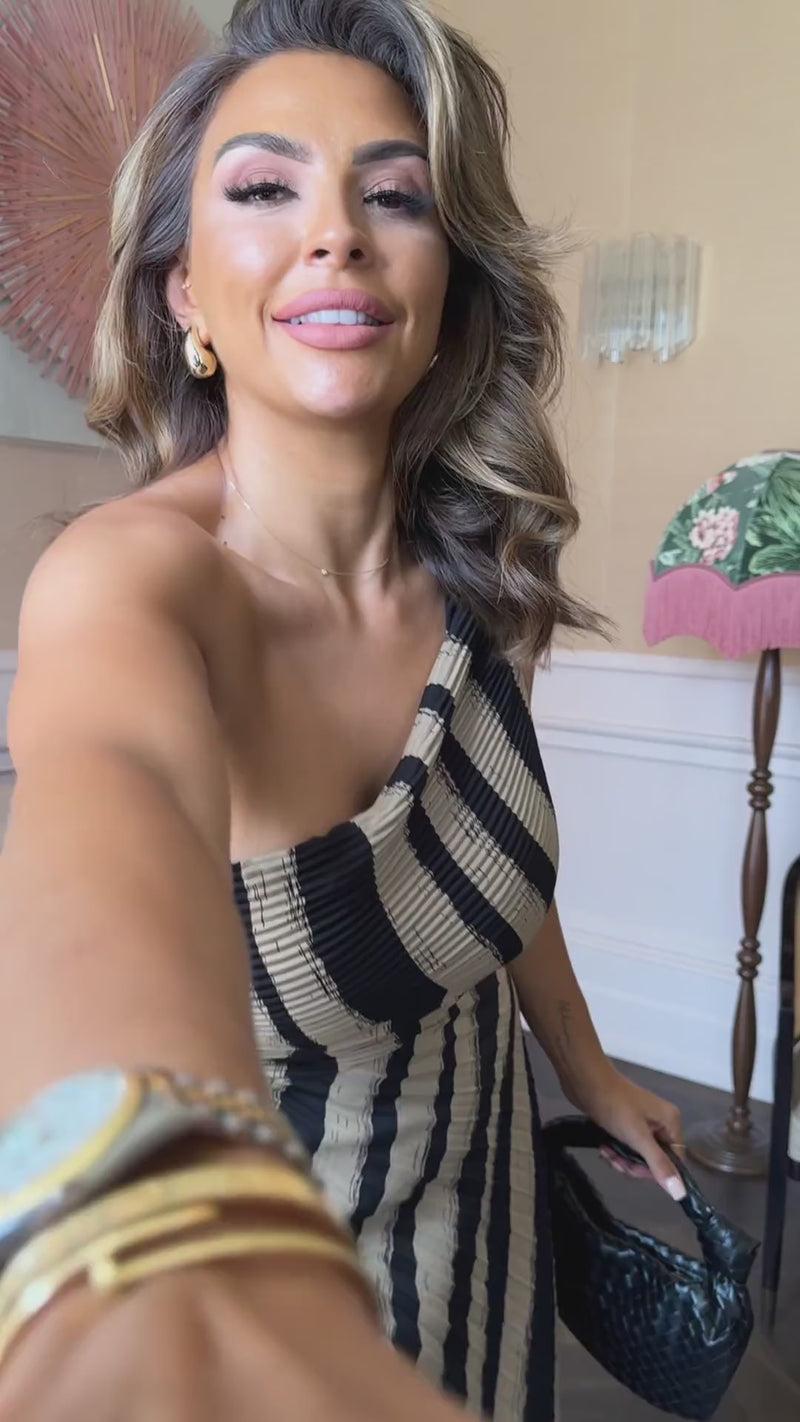 Ax Paris Beige Striped Print One Shoulder Pleated Midi Dress