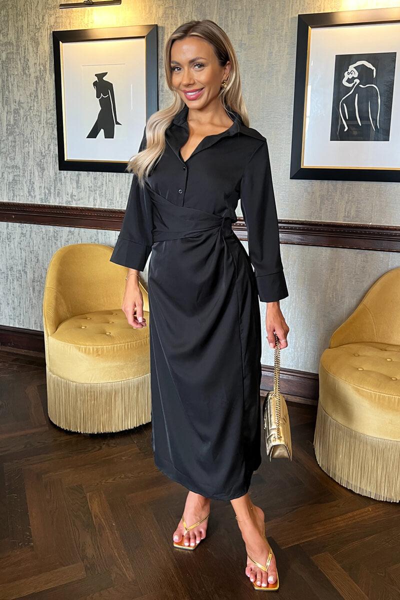 Ax Paris Black 3/4 Sleeves Gathered Waist Shirt Midi Dress