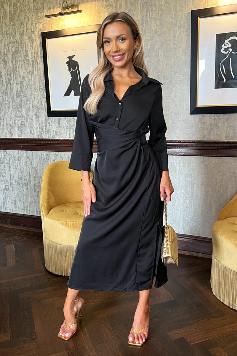 Ax Paris Black 3/4 Sleeves Gathered Waist Shirt Midi Dress