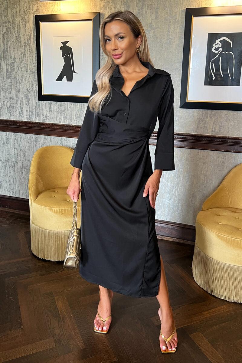 ax paris Black 3/4 Sleeves Gathered Waist Shirt Midi Dress