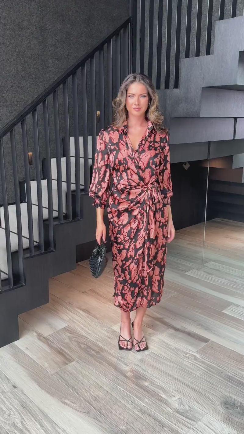 Ax Paris Black Abstract Print 3/4 Sleeved Tie Waist Midi Dress