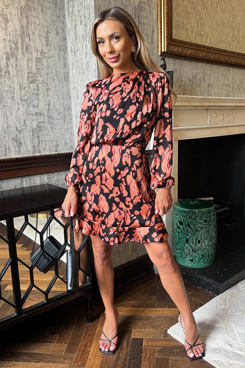 Ax Paris Black Abstract Print Long Sleeve Pleated Shoulder Mini Dress