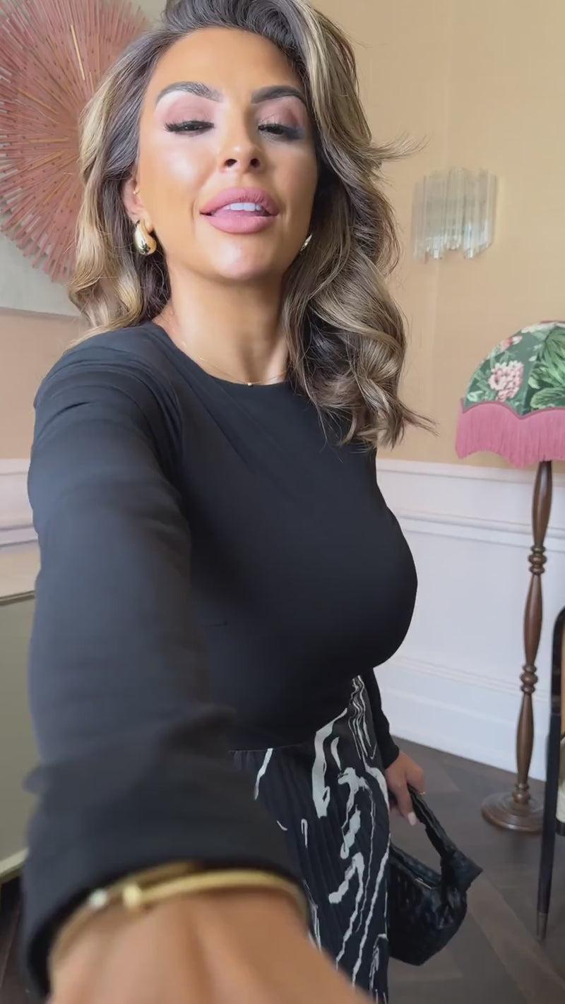 Ax Paris Black Abstract Stripe Print 2 In 1 Long Sleeve Pleated Skirt Midi Dress