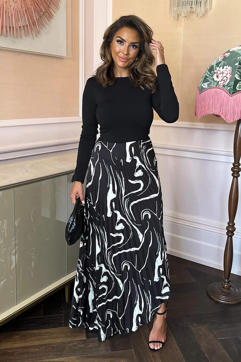ax paris Black Abstract Stripe Print 2 in 1 Long Sleeve Pleated Skirt Midi Dress