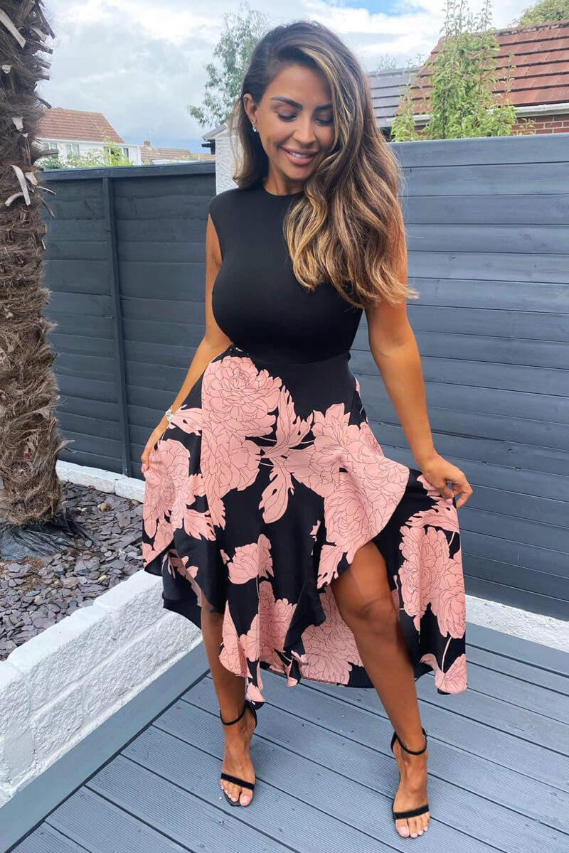 Ax Paris Black And Blush Floral Print 2 In 1 Midi Dress