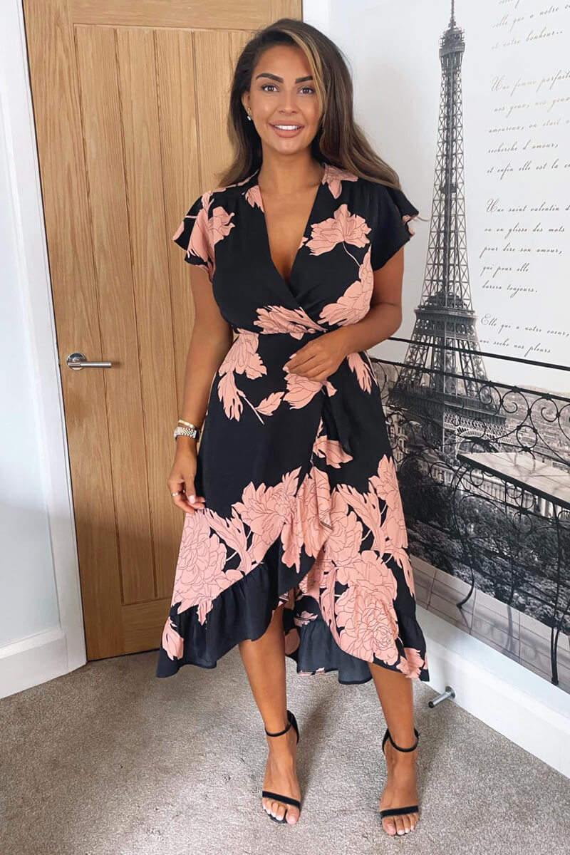 Ax Paris Black And Blush Floral Print Wrap Midi Dress
