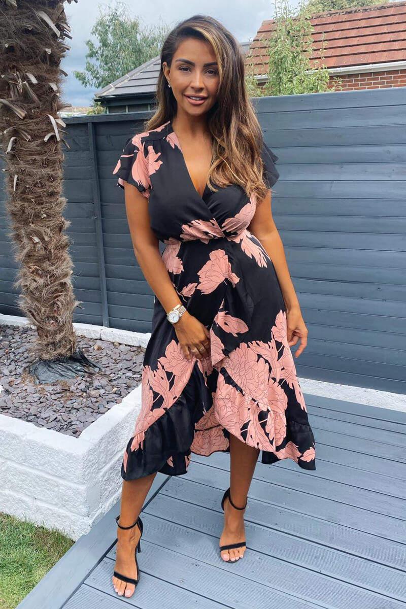 Ax Paris Black And Blush Floral Print Wrap Midi Dress