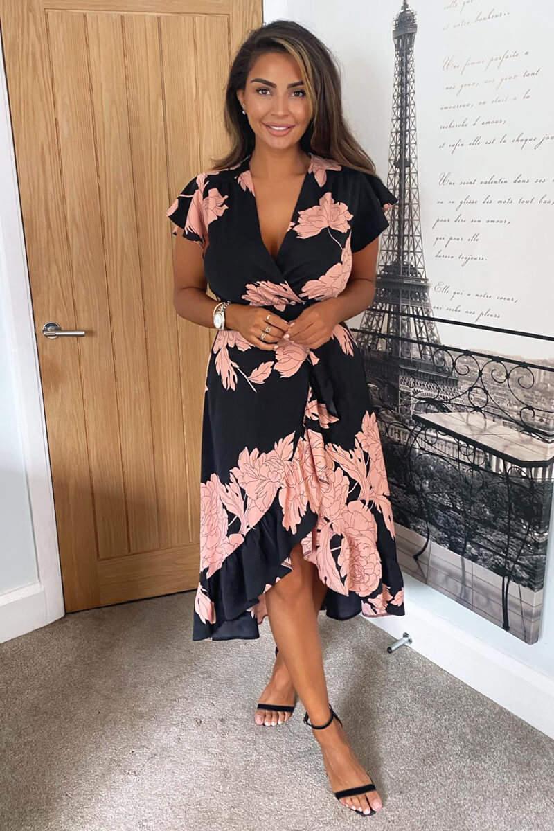 ax paris Black and Blush Floral Print Wrap Midi Dress