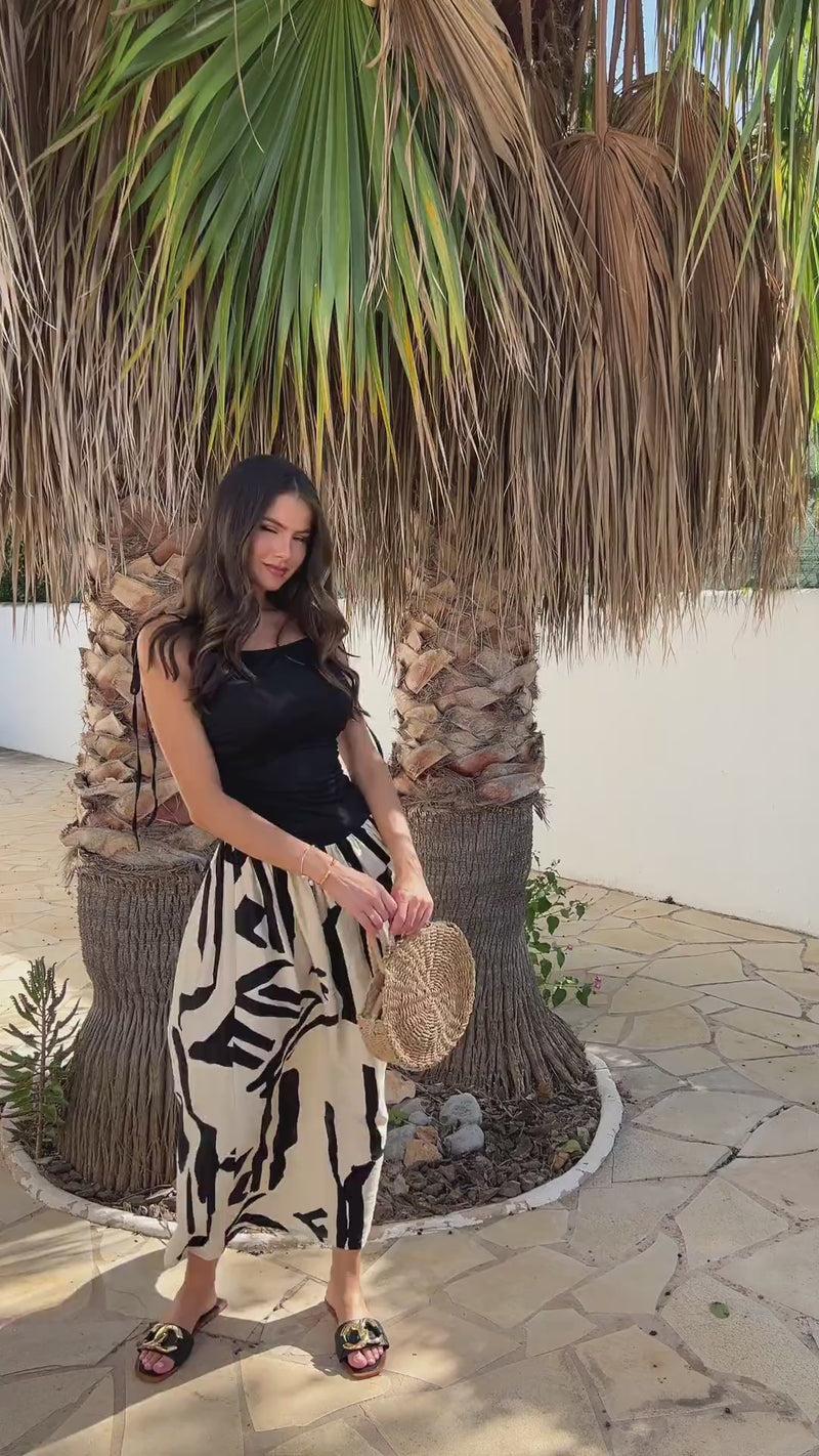 Ax Paris Black And Cream Abstract Print 2 In 1 Ruched Side Tie Straps Midi Dress