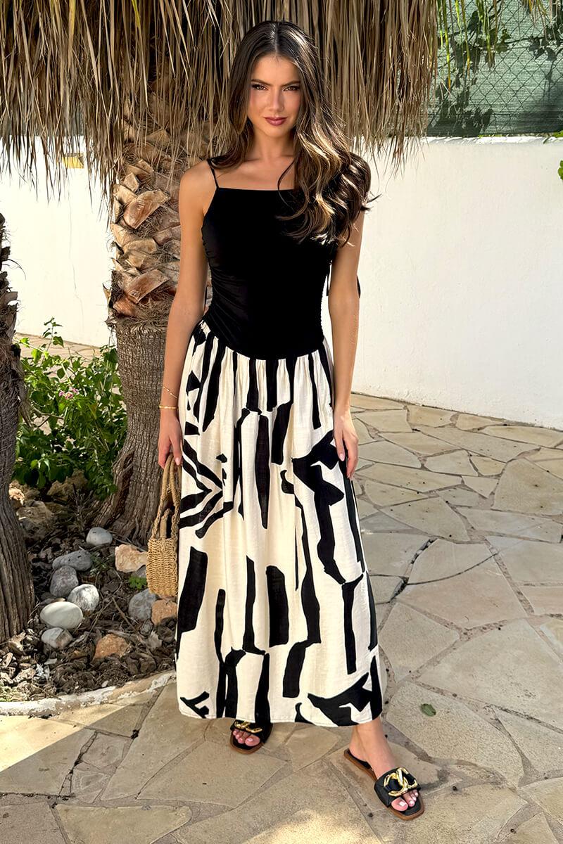 ax paris Black And Cream Abstract Print 2 in 1 Ruched Side Tie Straps Midi Dress