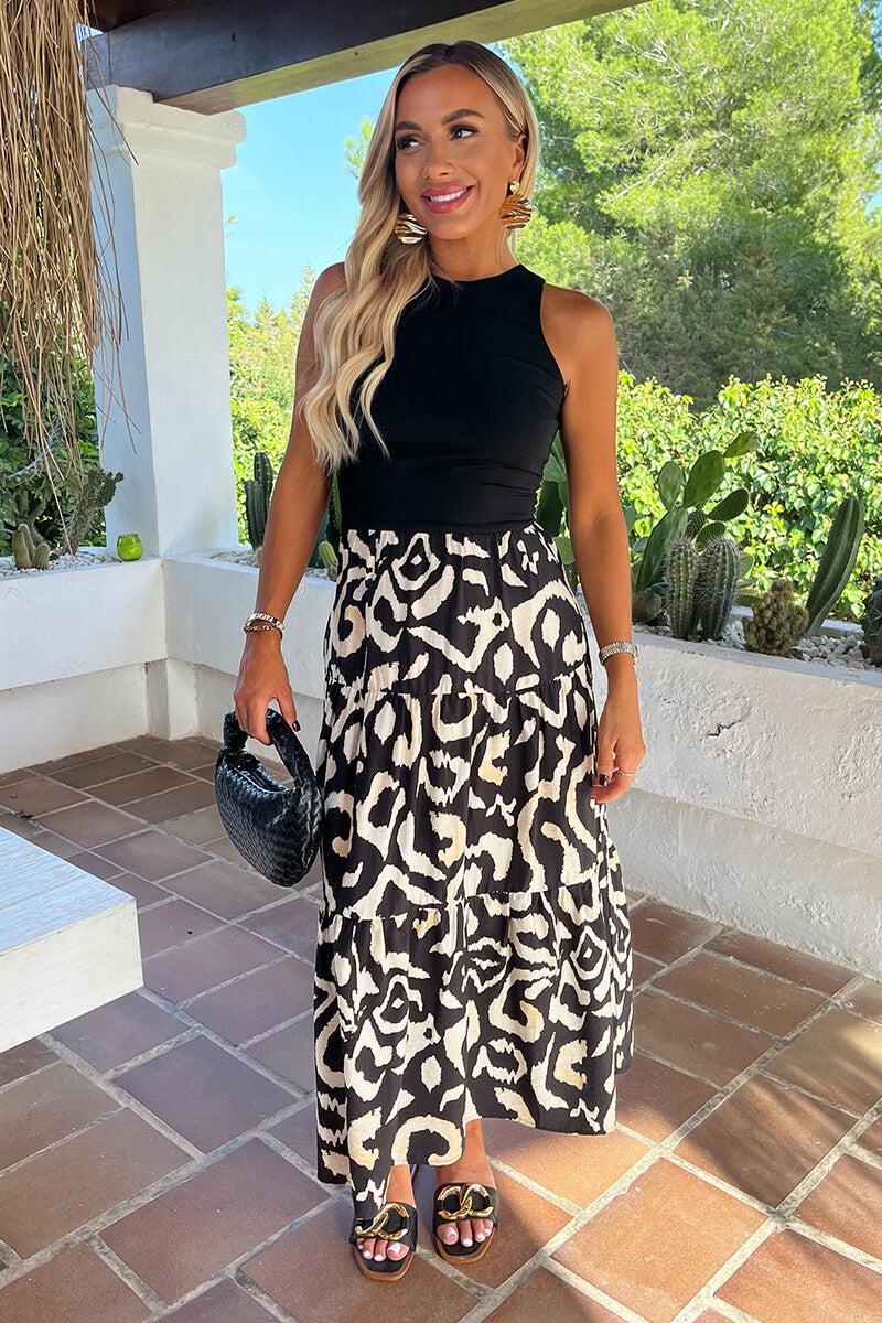 Ax Paris Black And Cream Abstract Print 2 In 1 Smock Midi Dress