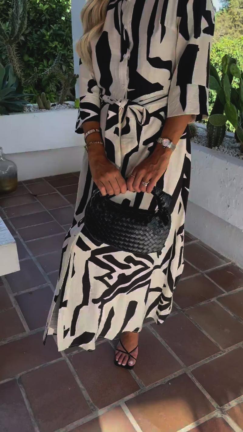 Ax Paris Black And Cream Abstract Print 3/4 Sleeve Shirt Midi Dress